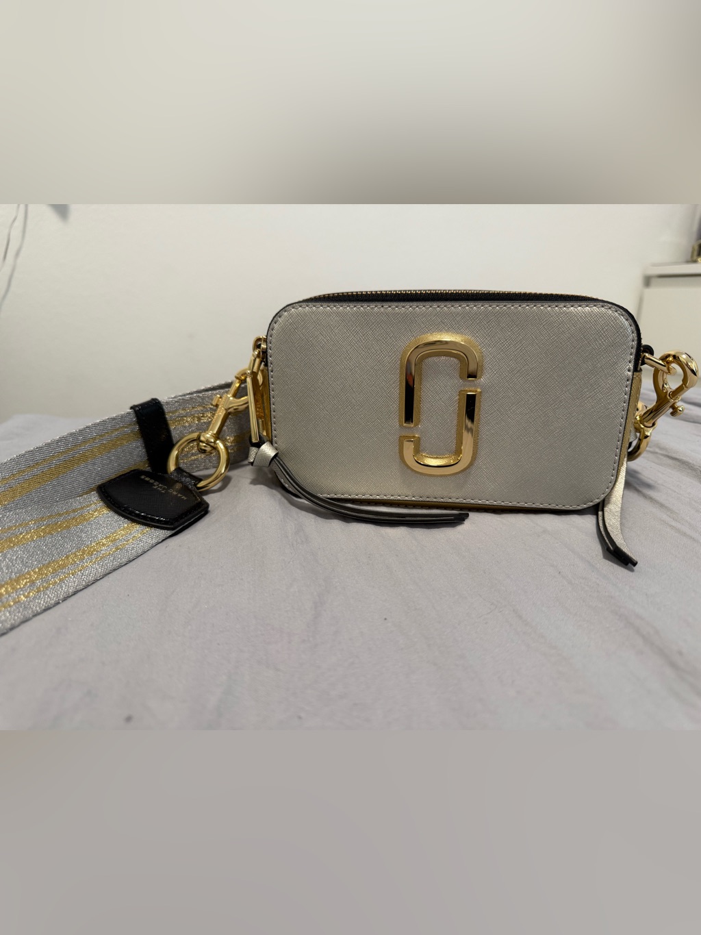 Marc Jacobs Metallic Silver Snapshot Camera Bag With Gold Hardware